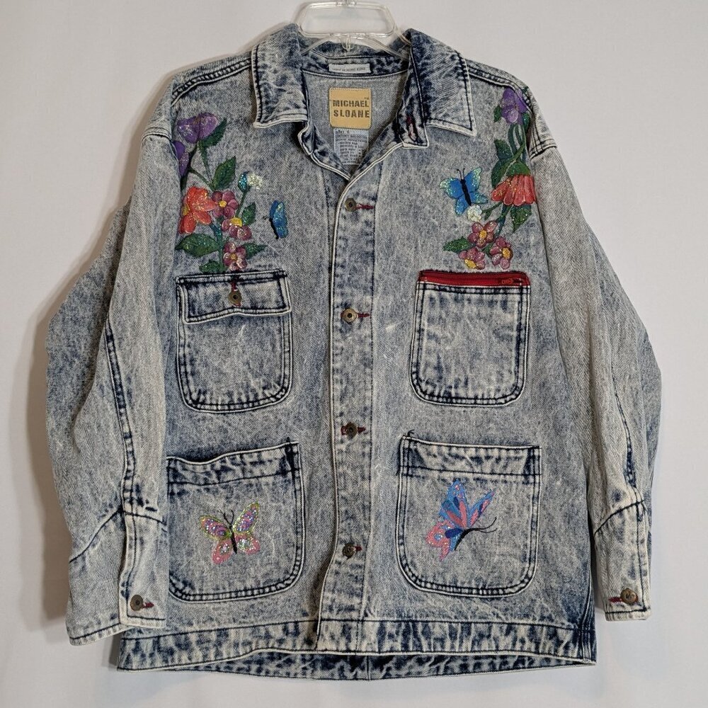 MICHAEL SLOANE Acid Wash Blue Button Jean Jacket w Painted Flowers; Size S - L